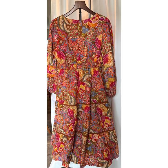 Brown Floral Midi Dress Boho Chic Style Peasant Tiered Midi Dress Womens Large - Picture 5 of 8